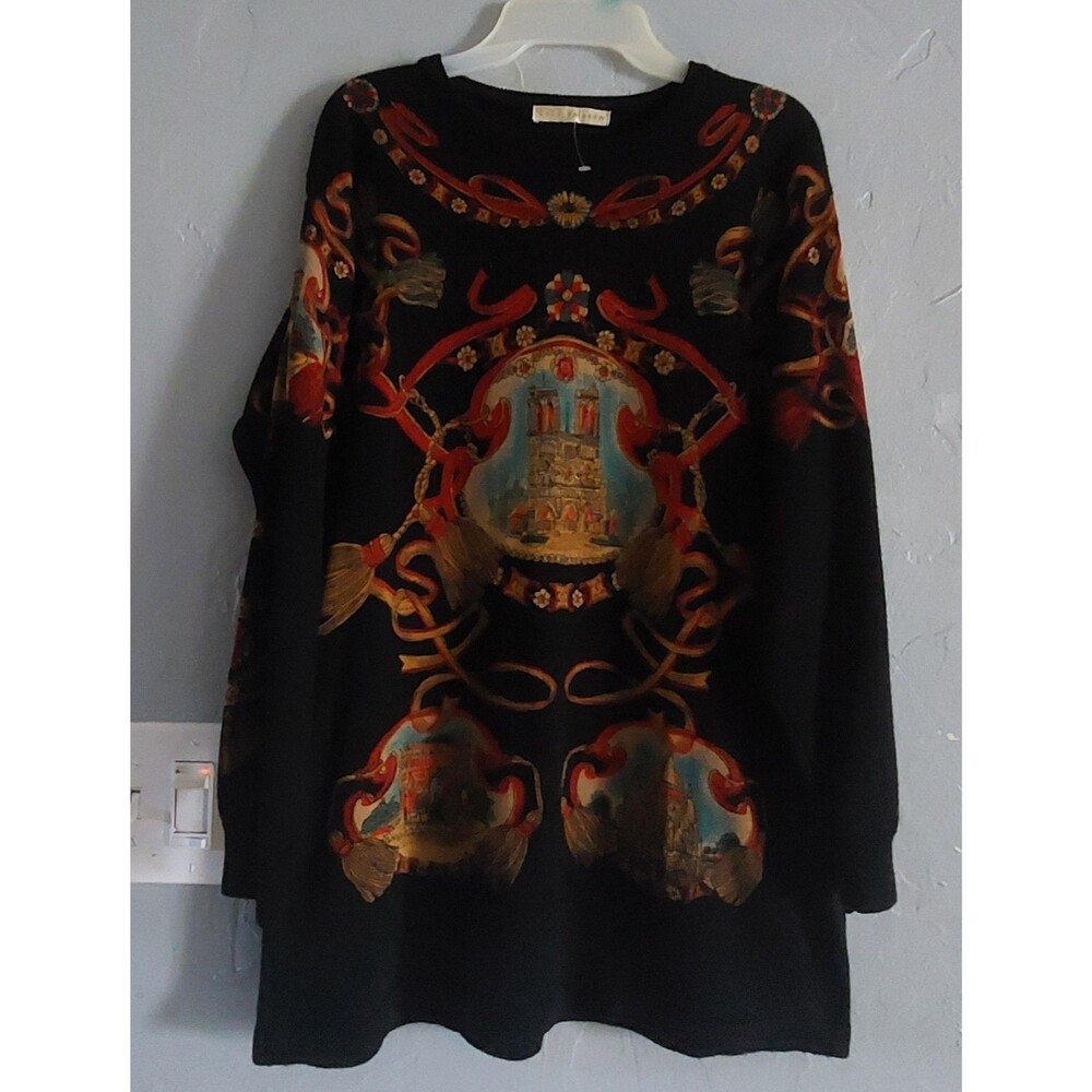 vintage-inspired, maximalist long-sleeve knit tunic sweater or crewneck Size L.